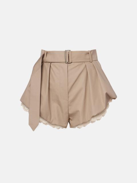 Belted crochet-trimmed cotton micro shorts