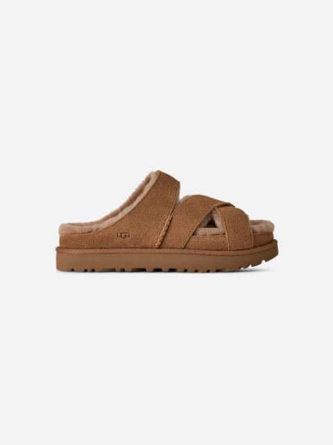 ® Women's Greenport Cross Strap Slide Sheepskin Sandal in Chestnut