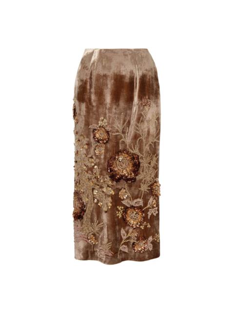 Embellished Velvet Slim Midi Skirt