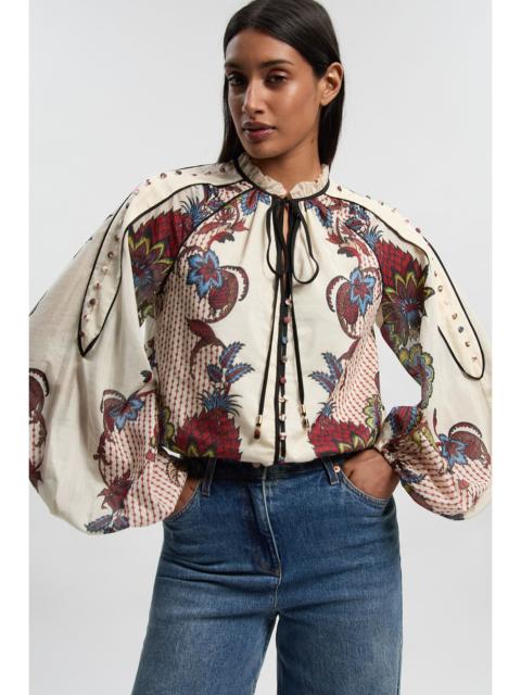 Mirror Print Silk Cotton Button Detail Woven Blouse