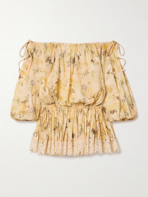 Cascadian off-the-shoulder lace-trimmed printed cotton-voile mini dress Cream