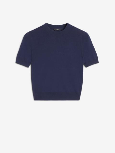 Silk Blend Short Sleeve Sweater in Navy