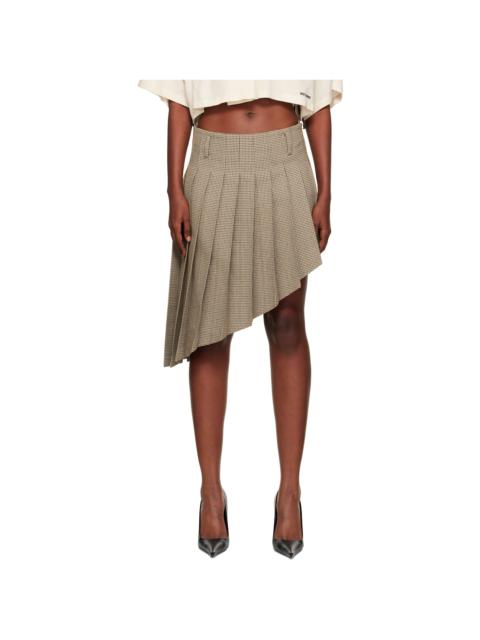 Beige Asymmetric Checked Midi Skirt