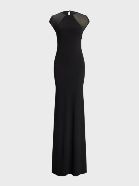 Sheer-Sleeve Jersey Column Maxi Dress