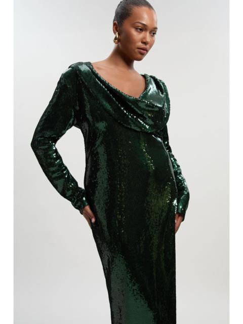 Plus Size Sequin Plunge Cowl Neck Strong Shoulder Long Sleeve Midi Dress