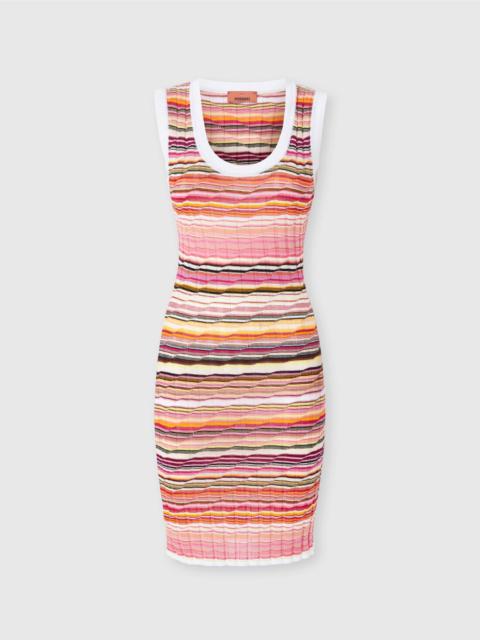 Striped ribbed cotton and viscose mini-dress with contrasting piping