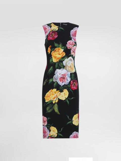 Charmeuse calf-length sheath dress with peony and rose print