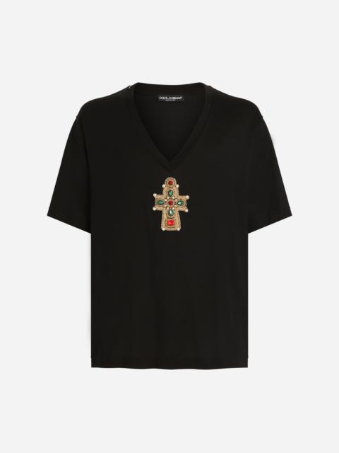 Cotton V-neck T-shirt with patch