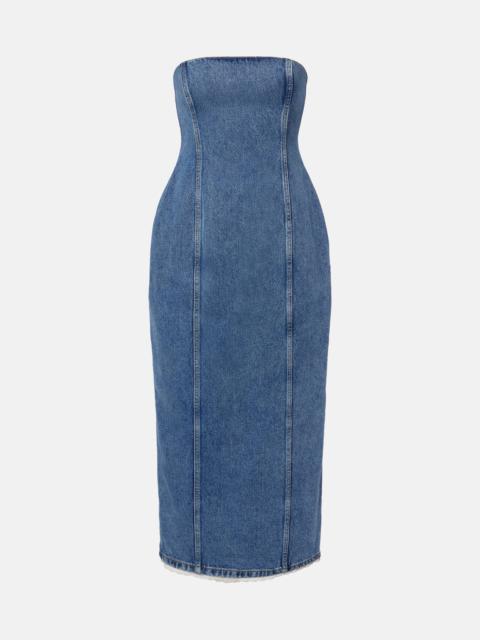 Crochet-trimmed denim midi dress