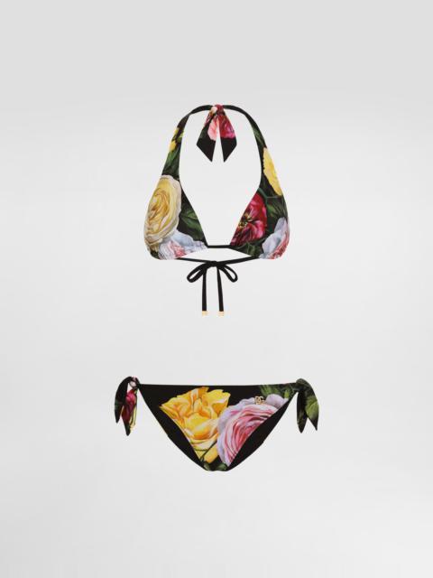 Rose and Peony-print padded triangle bikini