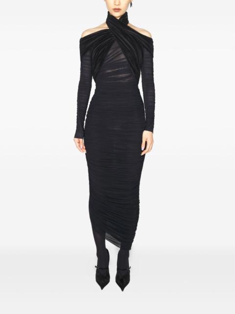 cross-neckline draped midi dress