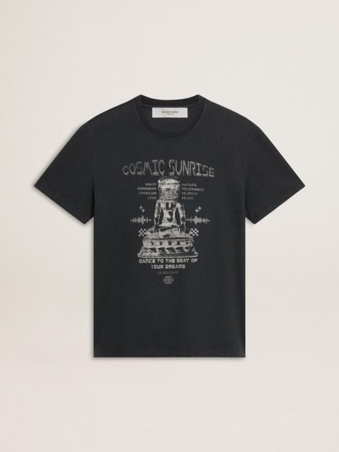 Men’s worn-black cotton T-shirt with print on the front