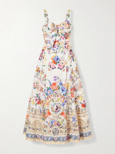 Ballerina Tie-detailed Cutout Ruched Floral-print Cotton-blend Midi Dress