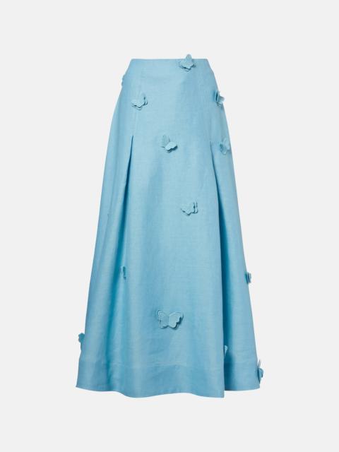 Patch-appliqué linen midi skirt