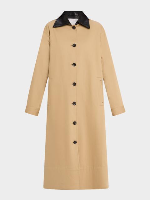 Leather-Collar A-Line Long Swing Coat