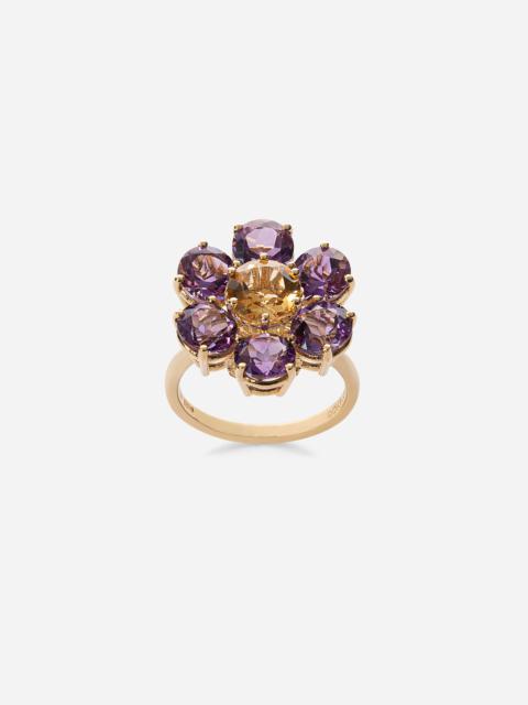Spring ring in yellow 18kt gold with amethyst floral motif