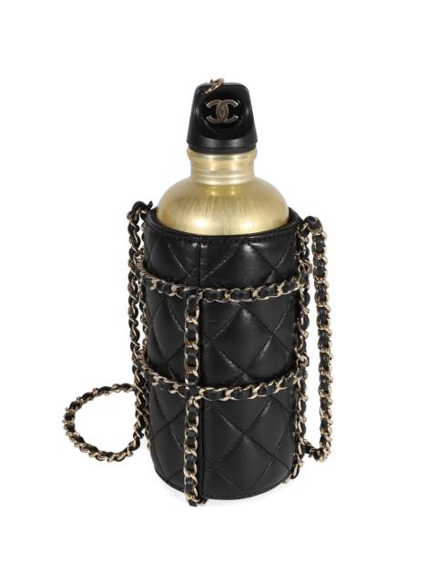 Chanel Gold Metal Water Bottle & Black Quilted Lambskin Holder (Authentic Pre-Loved)