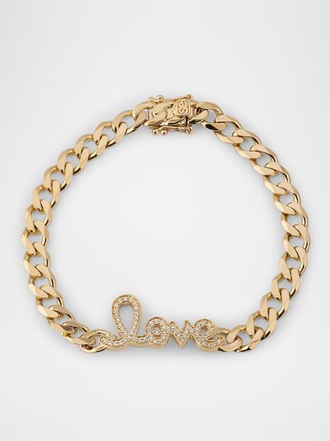 14K Yellow Gold and Diamond Love Script Curb Link Chain Bracelet