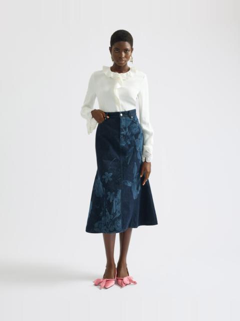 PRINTED DENIM FLARED MIDI SKIRT