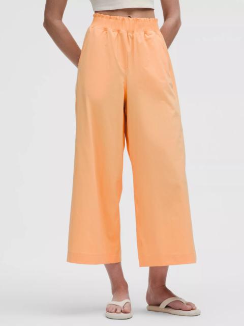 Stretch Woven Ruffle-Waist Wide-Leg Cropped Pant