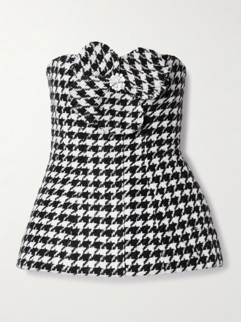 Strapless Appliquéd Houndstooth Tweed Peplum Top