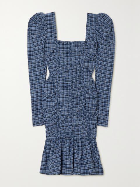Ruched Checked Stretch Recycled-seersucker Mini Dress