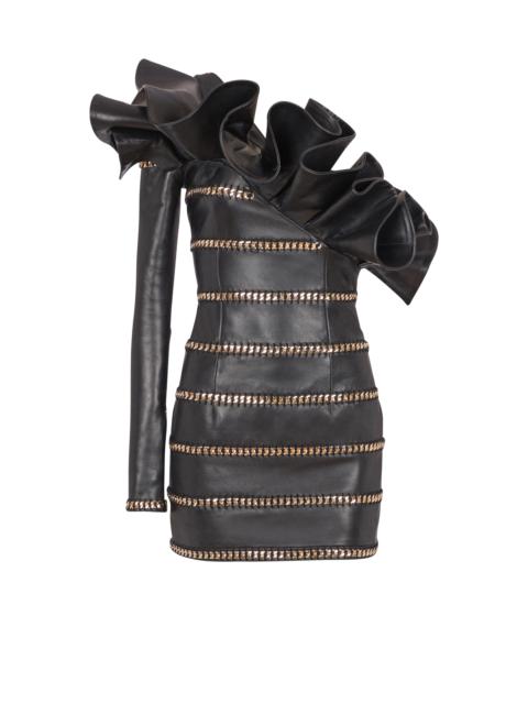 Asymmetric leather bodycon dress with chains