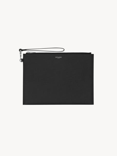 SAINT LAURENT PARIS ZIPPED TABLET HOLDER IN GRAIN DE POUDRE-LEATHER