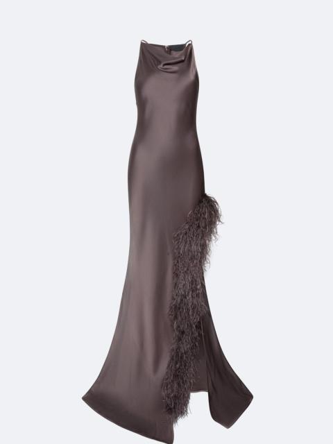 Satin Halter Gown With Feathers