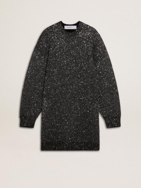 Women's black crew neck dress with all-over silver sequins
