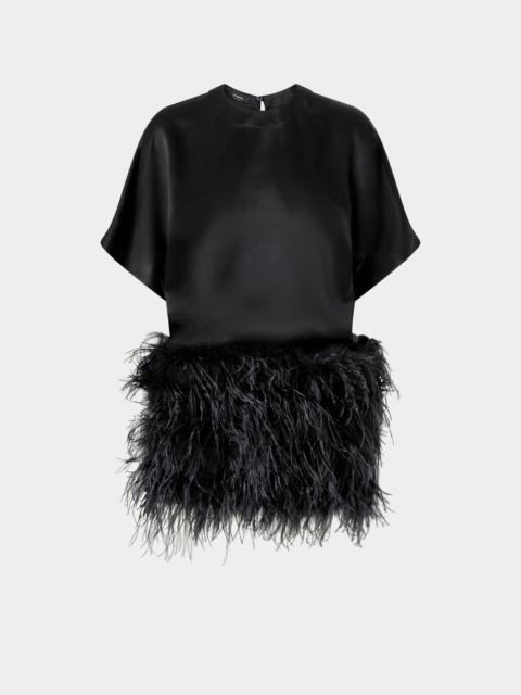 GLOSSY SATIN EVENING DRESS WITH FEATHERS