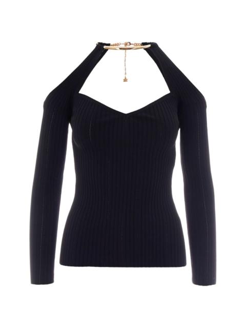 chain-detail ribbed-knit blouse