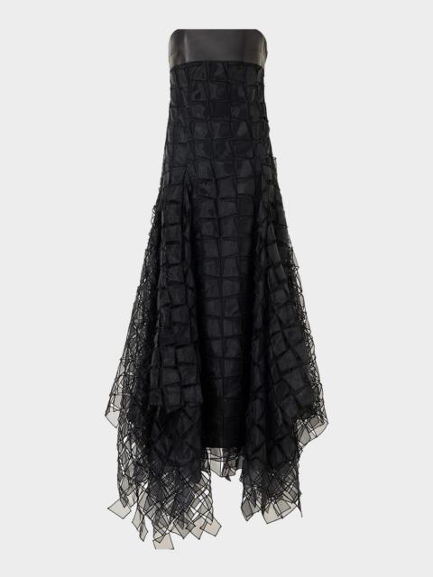 Strapless Trapezoid Embroidered Organza Fringe Maxi Dress