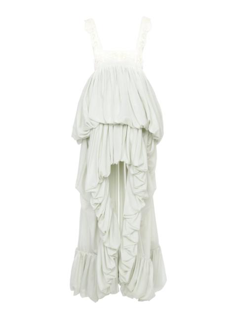 HIGH-LOW RUFFLED DRESS IN SILK HABOTAI & LACE