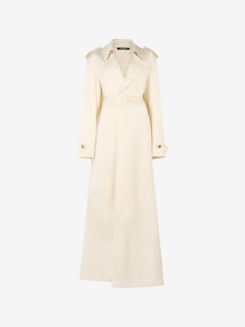 Extra-Long Ivory Trench Coat with Pleated Detailing