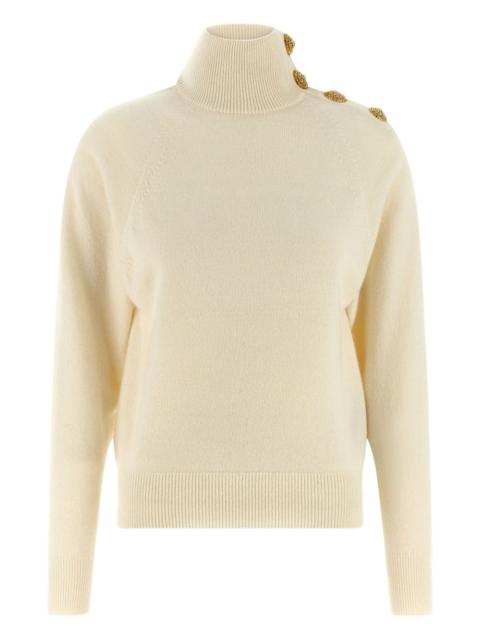 high-neck coin-button sweater