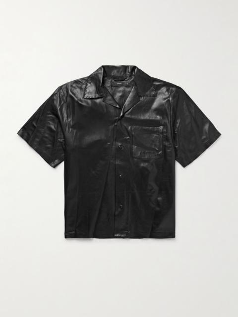 Camp-Collar Logo-Embossed Leather Shirt Black