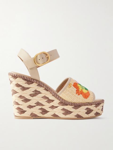 Leather And Floral-embroidered Raffia Wedge Espadrilles