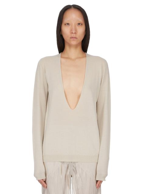 Beige Temple Extreme V Neck Pull Sweater