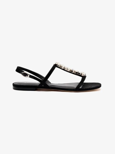 Calypso Flat Sandal In Black Fabric and Crystals