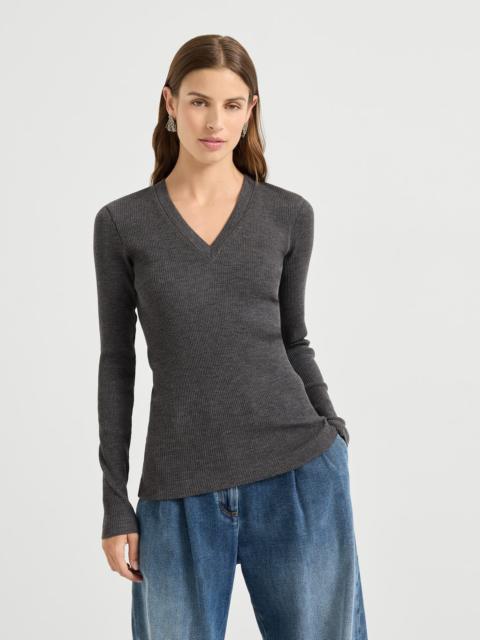 Ribbed wool jersey top with shiny trim