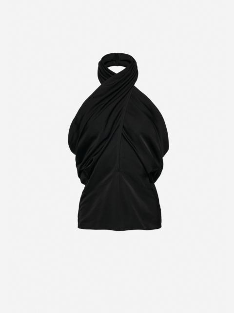 Draped halterneck cotton and silk blouse in black