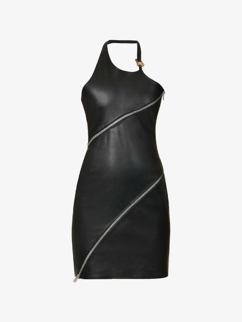 Zip-embellished halterneck leather mini dress