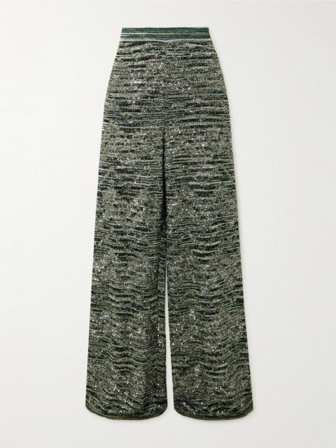 Mare sequin-embellished metallic crochet-knit wide-leg pants Green