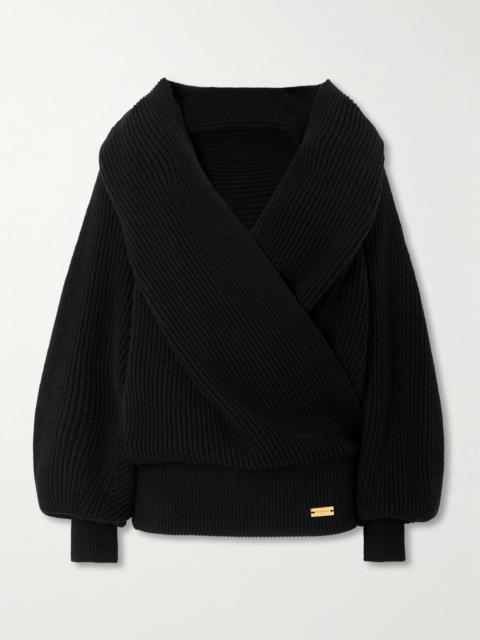 Wrap-effect Ribbed Wool Hoodie