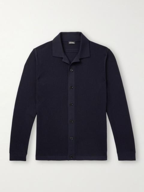 Camp-Collar Wool-Piqué Cardigan Navy
