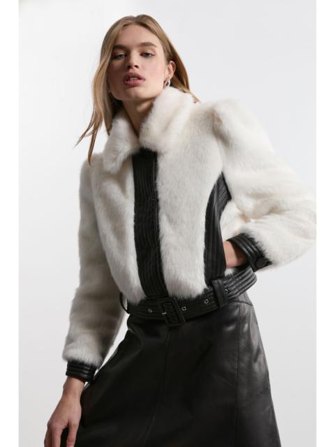 Petite Faux Fur Pu Panelled Belted Cropped Jacket