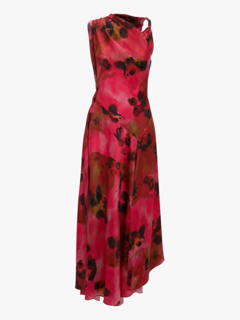 Sleeveless Draped Midi Dress In Raspberry Floral Print