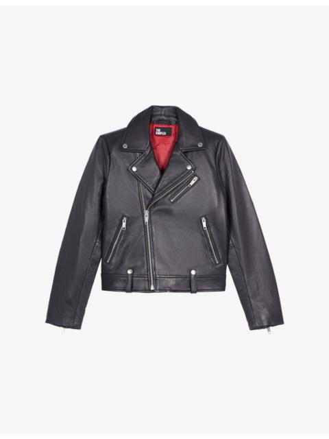 Asymmetric-fastened lambskin-leather biker jacket