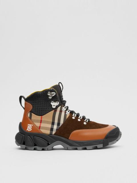 Leather, Vintage Check Cotton and Suede Tor Boots